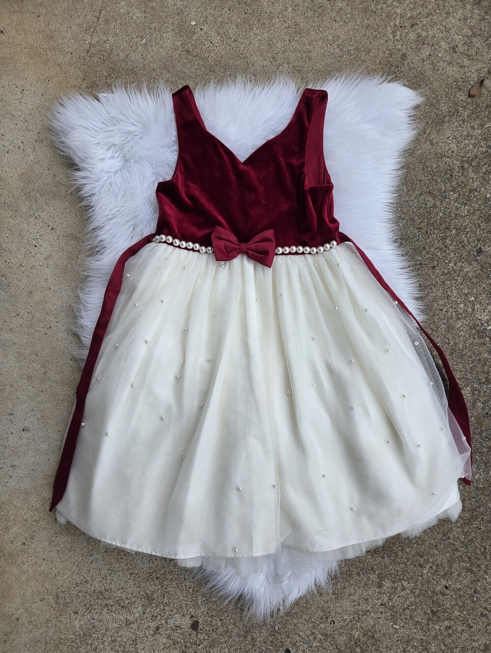American Princess - Girls Velvet Burgundy and Ivory Party Dress with Pearl Belt
